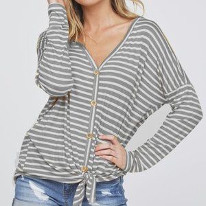 Long Sleeve Knit Striped Button Tie Front Cardigan